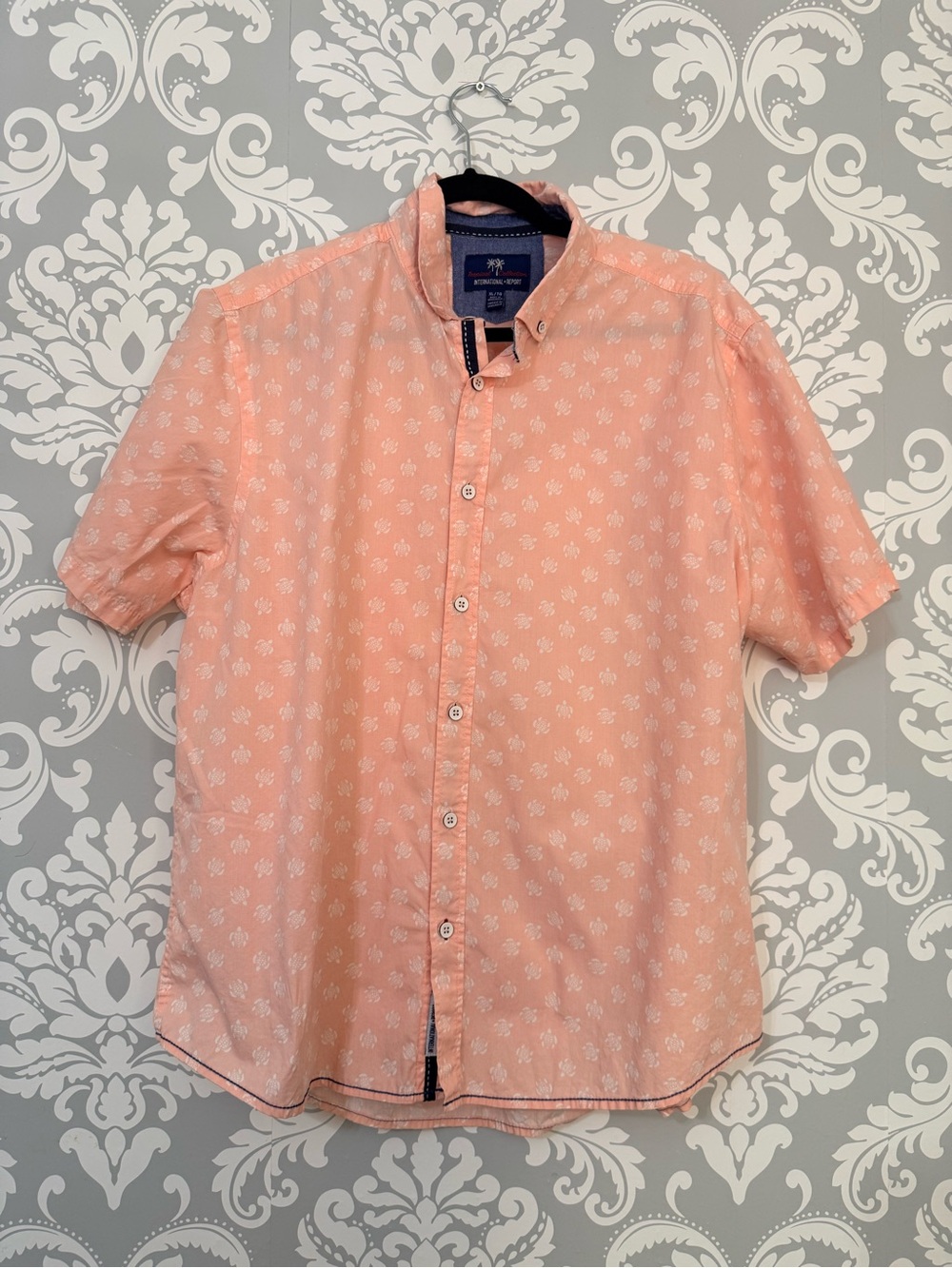 💫4/$25 • International Report Short-Sleeve Button-Down Shirt in Peach Micro-Prin